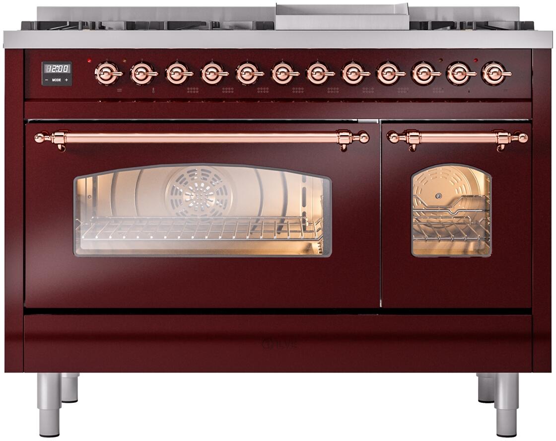 Burgundy dual-fuel freestanding range with two oven doors, glass window, and copper handles