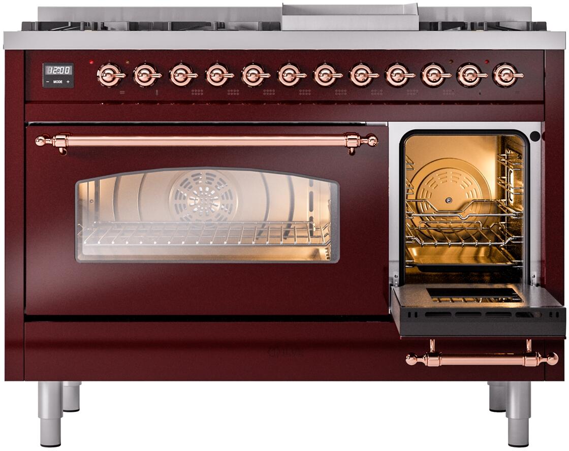 Burgundy dual-fuel range with left oven door window open and right oven door closed