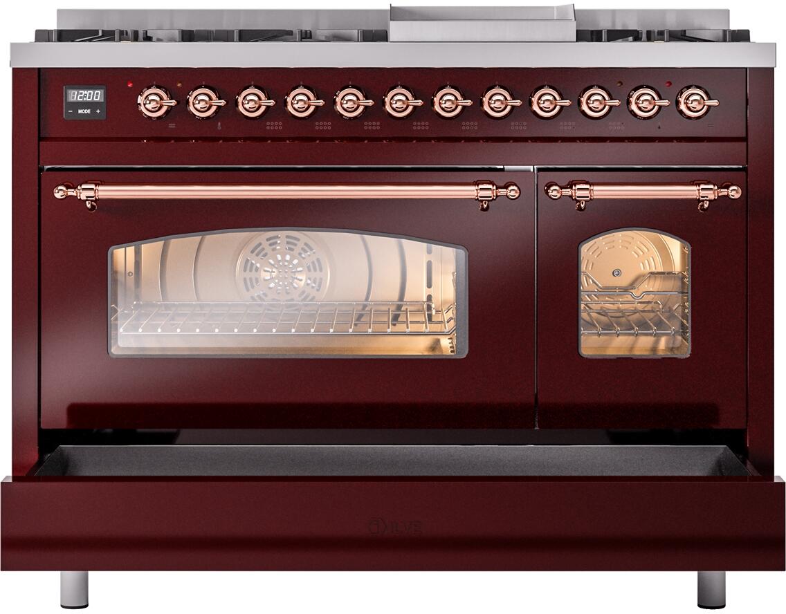 Burgundy dual-fuel freestanding range front view with oven door and copper trim details