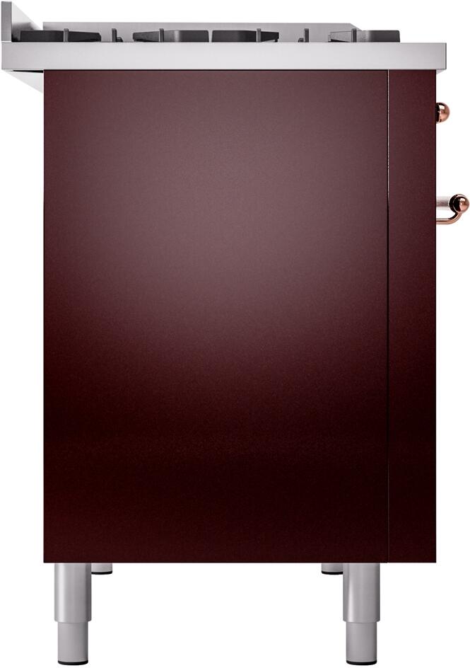 Burgundy freestanding dual-fuel range front with copper side handles and leveling legs
