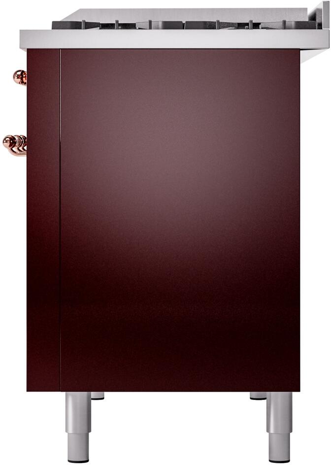 Burgundy freestanding range front with copper knobs and white leveling feet