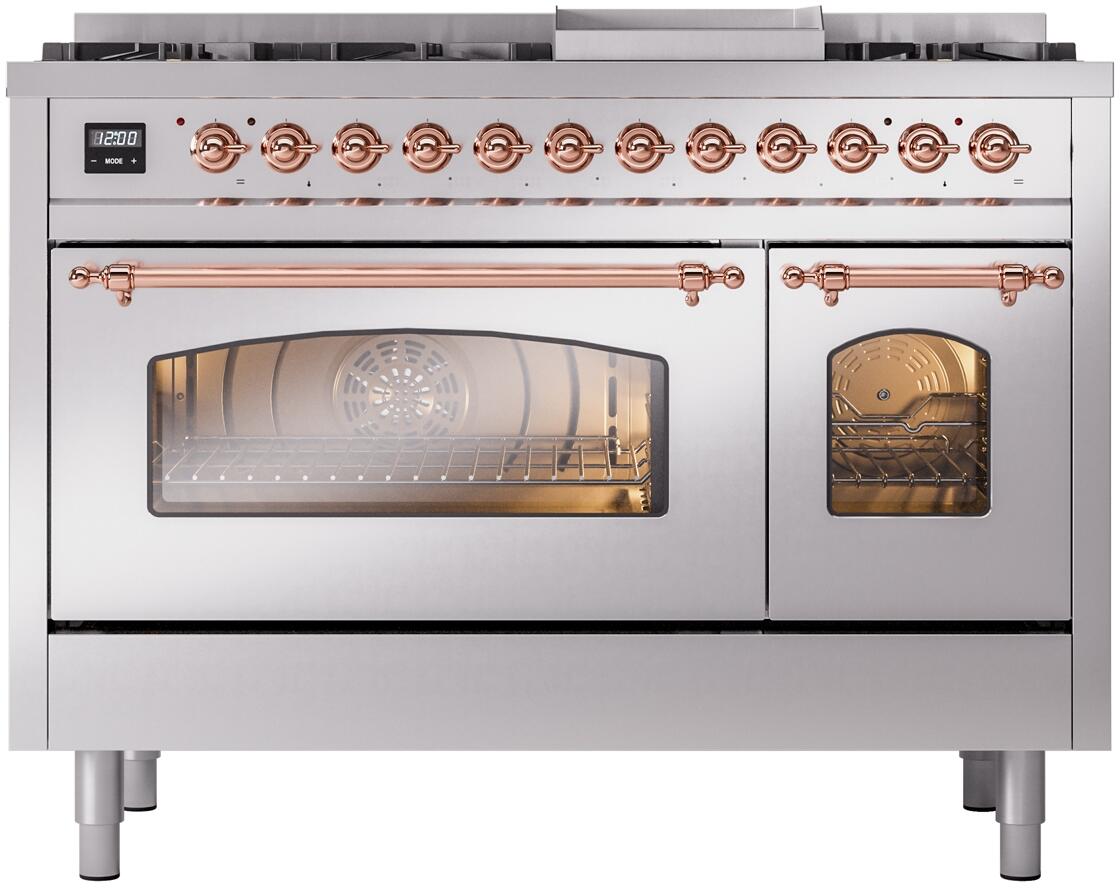 Stainless steel dual fuel range with windowed oven door and copper control knobs