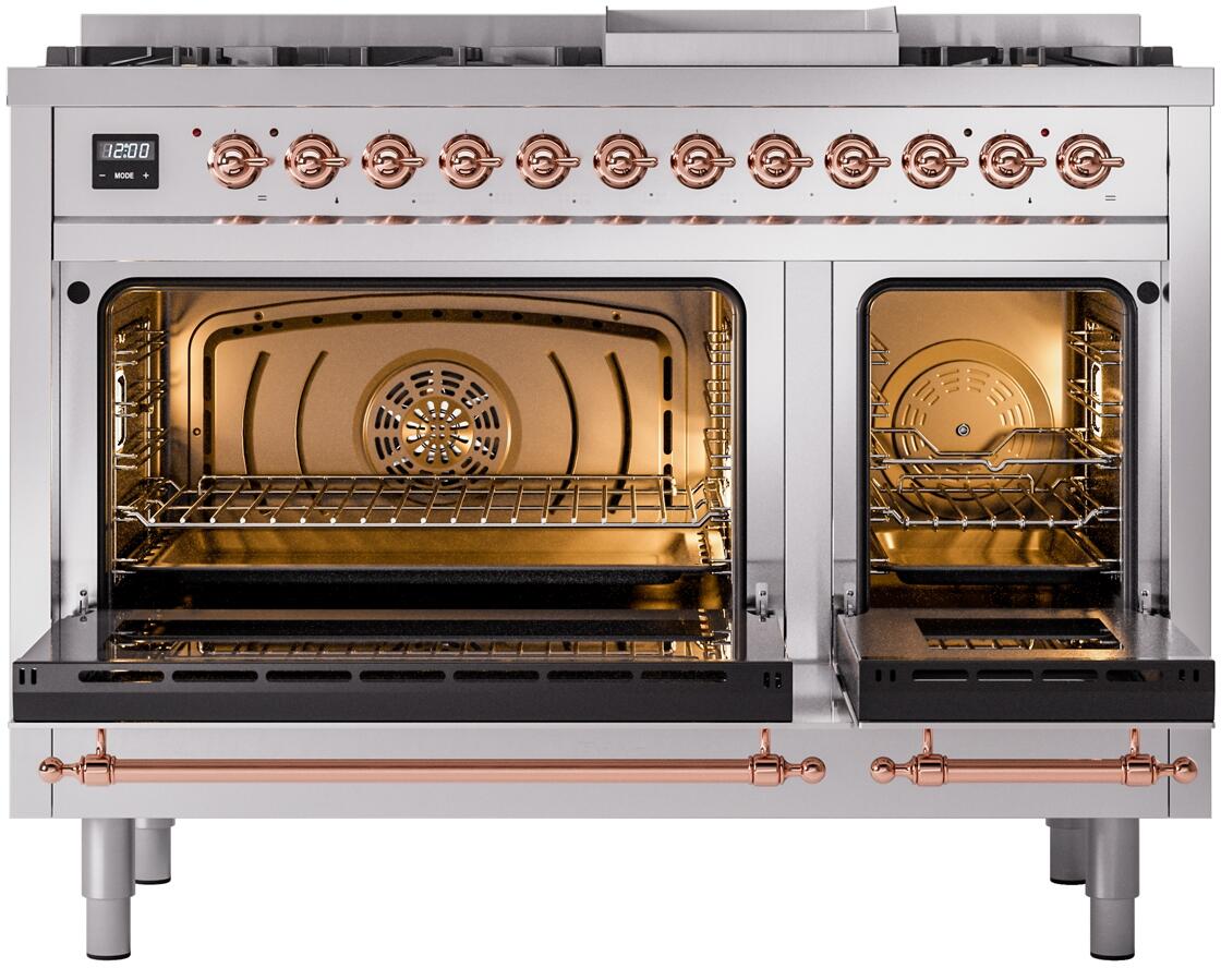 Dual-fuel freestanding range with two open ovens and copper pull handles