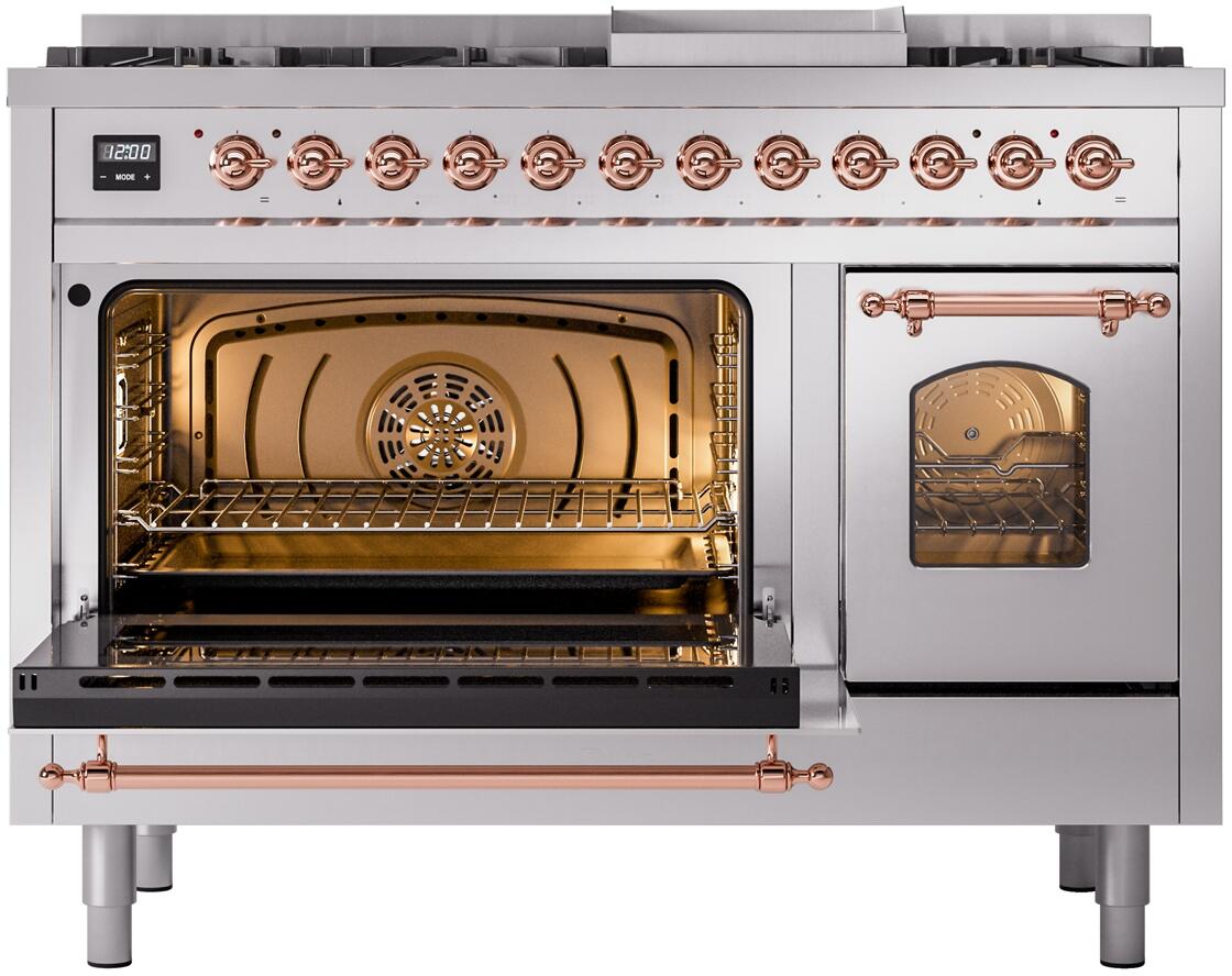 Dual fuel range with oven compartments open, showing racks and copper trim handles