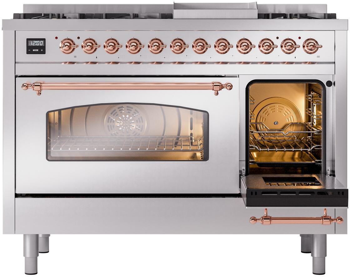 Stainless dual-fuel range with copper trim, oven door windows, and lower oven access