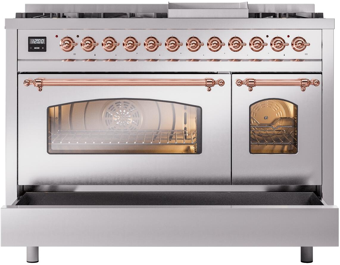 Dual fuel range front view with glass oven door closed, copper handles, and control panel