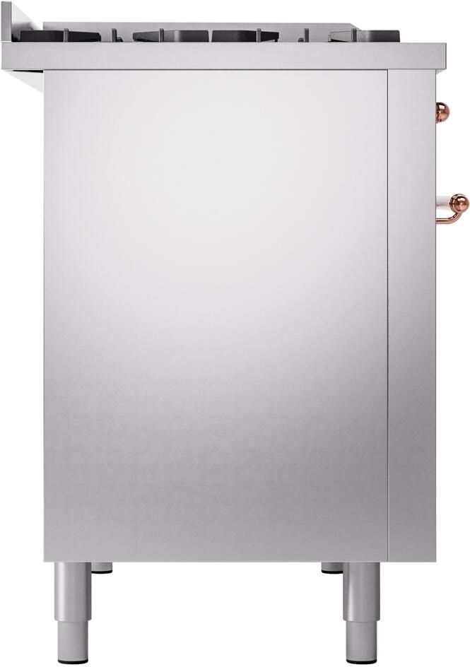 Stainless cabinet side of freestanding dual-fuel range with copper trim and feet