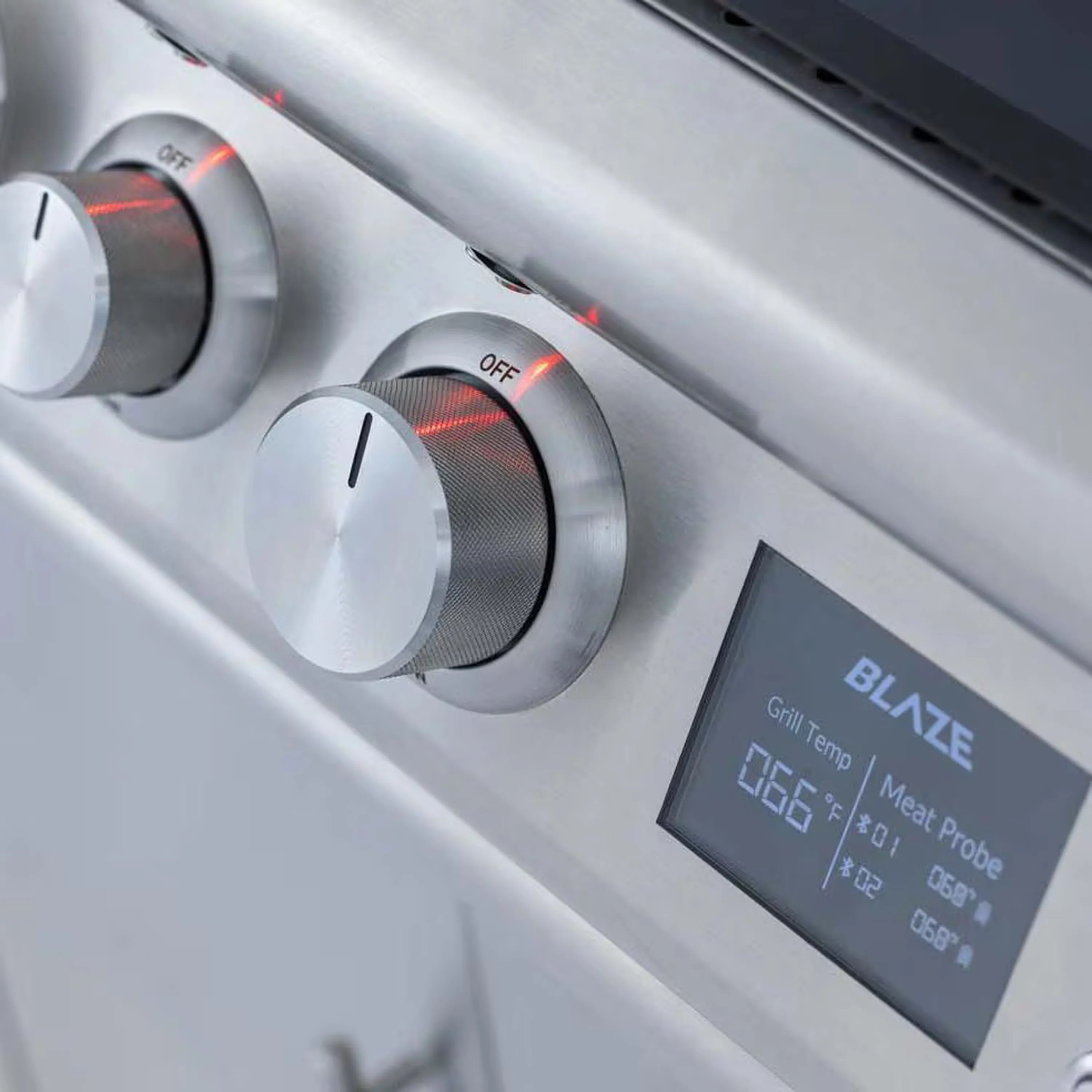 Outdoor gas oven control panel with three knobs and BLZ meat probe Bluetooth display