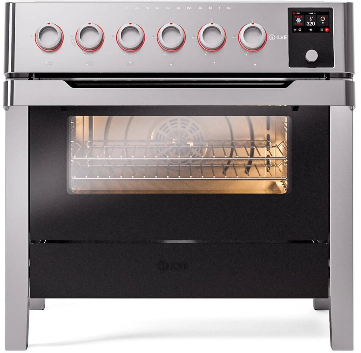 Stainless induction range front view with six knobs and convection oven light inside