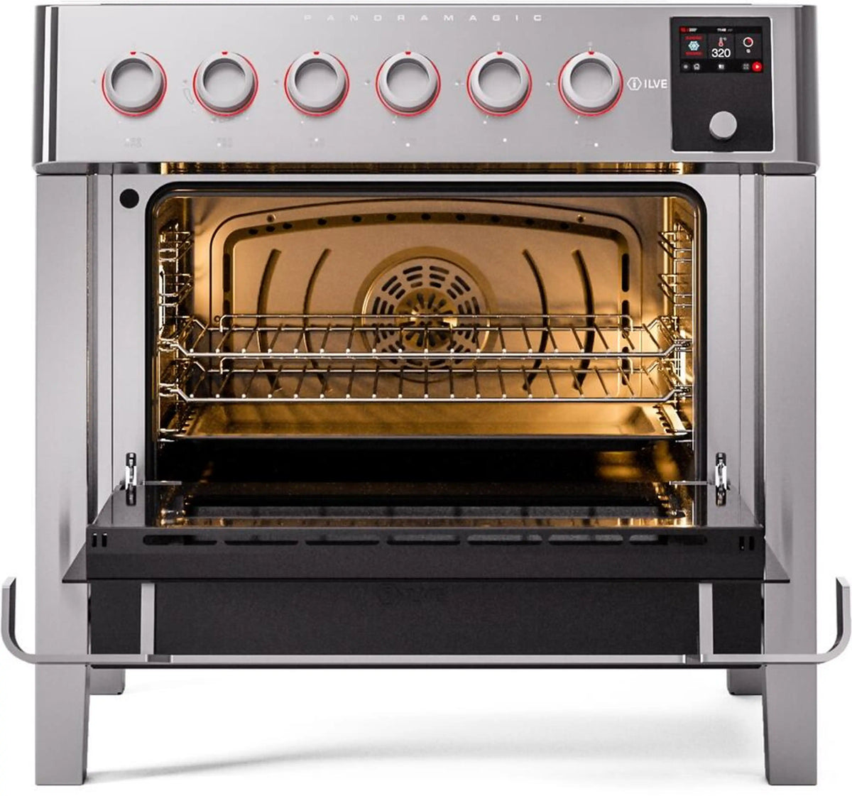 Stainless electric induction range with open convection oven and wire rack, front control panel