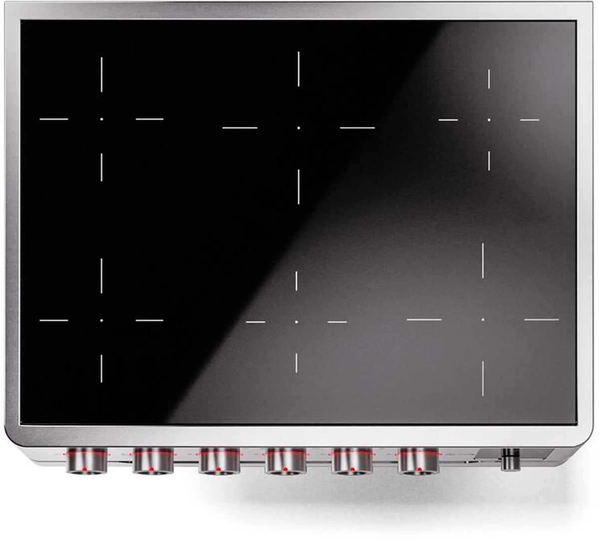 Induction cooktop glass surface with six burner zones and control panel at right