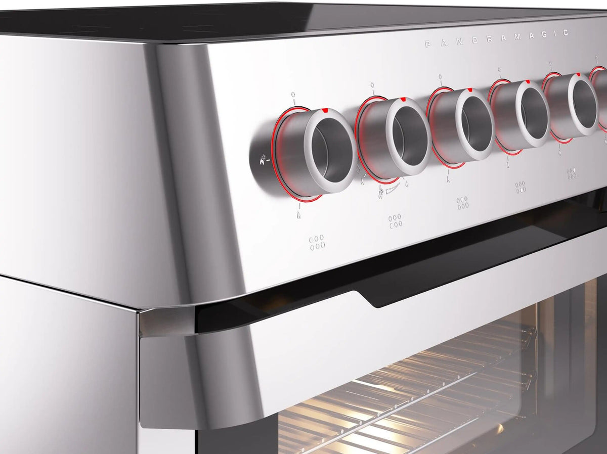 Stainless induction cooktop control panel with six knob burners and red indicator accents