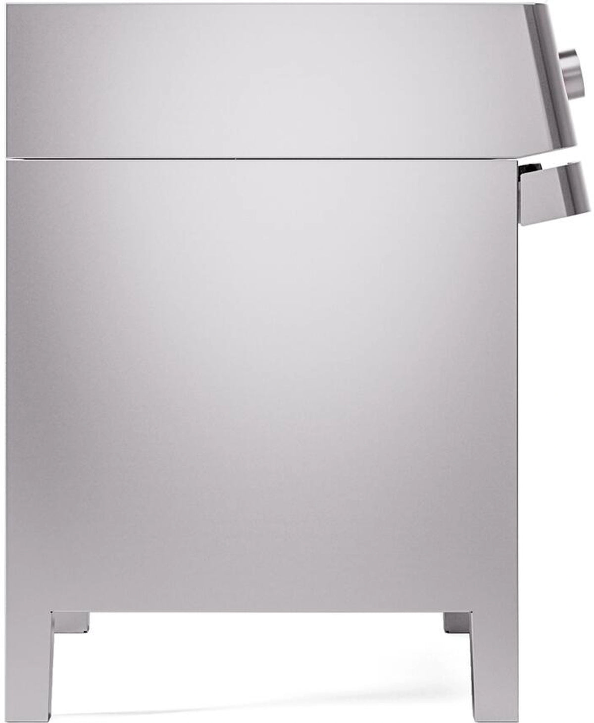 Stainless freestanding range side view with oven door edge and adjustable feet