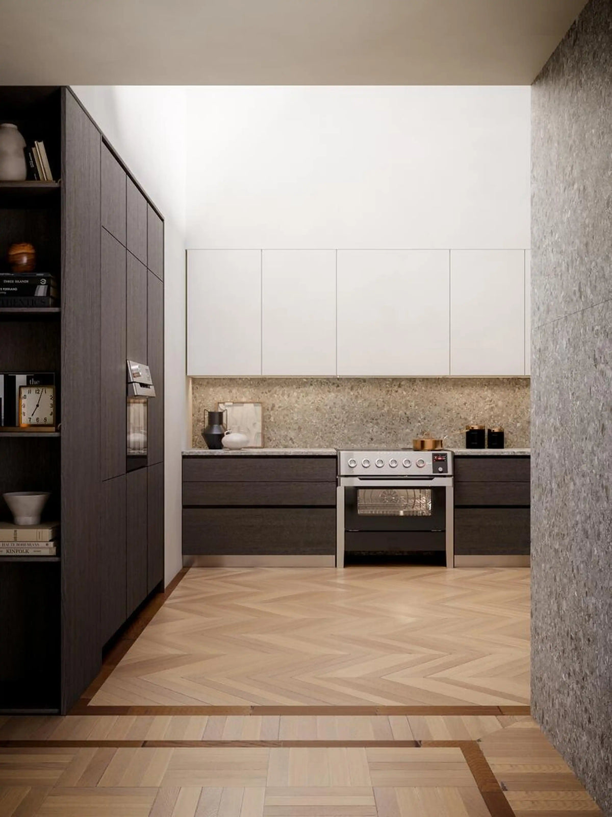 Stainless freestanding induction range in a modern kitchen with open oven door