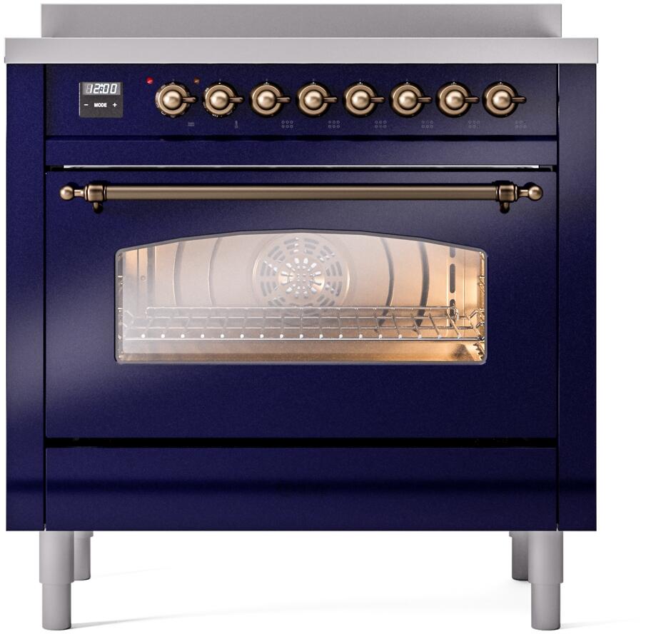 Midnight blue electric induction range with bronze knobs and oven door window