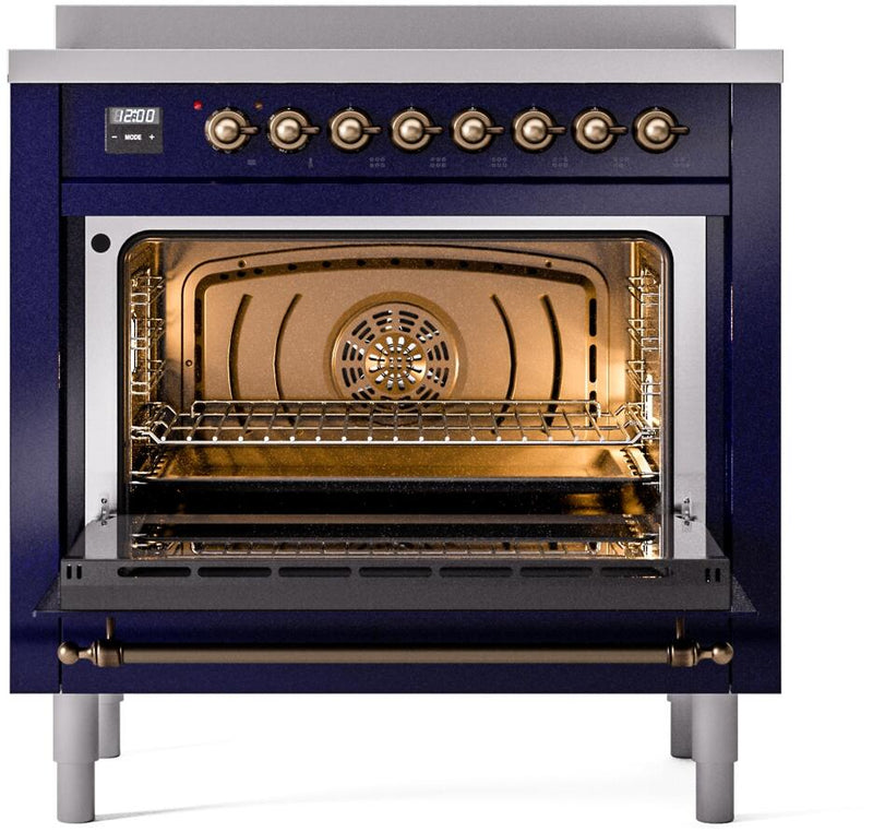 ILVE Nostalgie II 36-Inch Freestanding Electric Induction Range in Midnight Blue with Bronze Trim (UPI366NMPMBB)