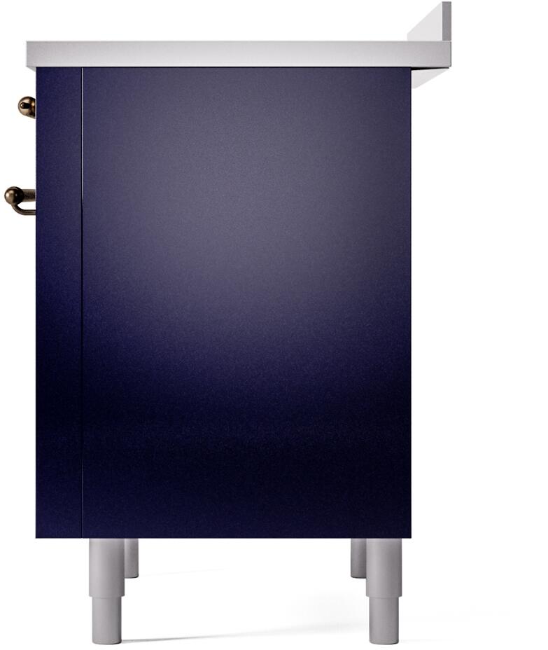Midnight blue range cabinet side panel with white legs and bronze handle