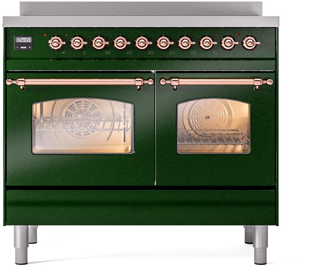 Emerald green freestanding induction range with copper-trimmed oven doors and windows