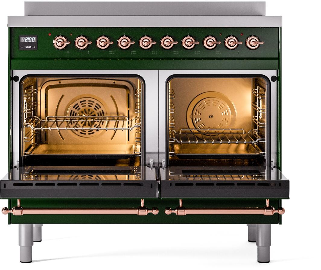 Freestanding induction range with two open ovens, racks inside, and vented fan visible