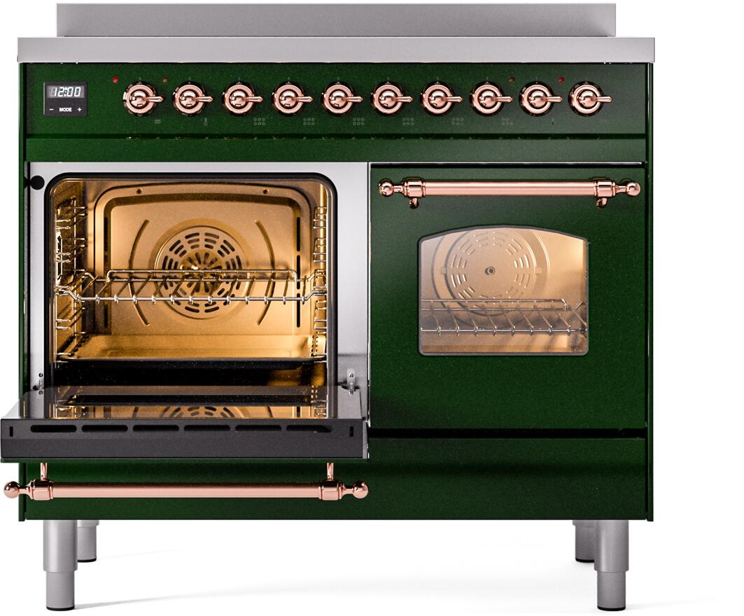Emerald green induction range with left oven open and right oven door closed