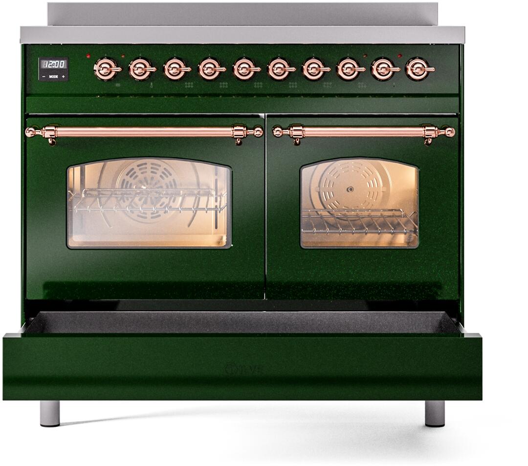 Emerald green induction range with both oven doors open and copper bar handles