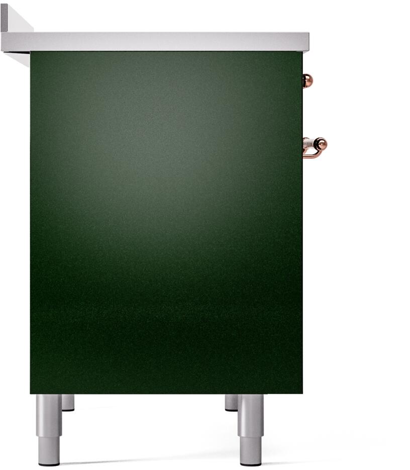 Emerald green lower cabinet panel with leveling feet on freestanding induction range