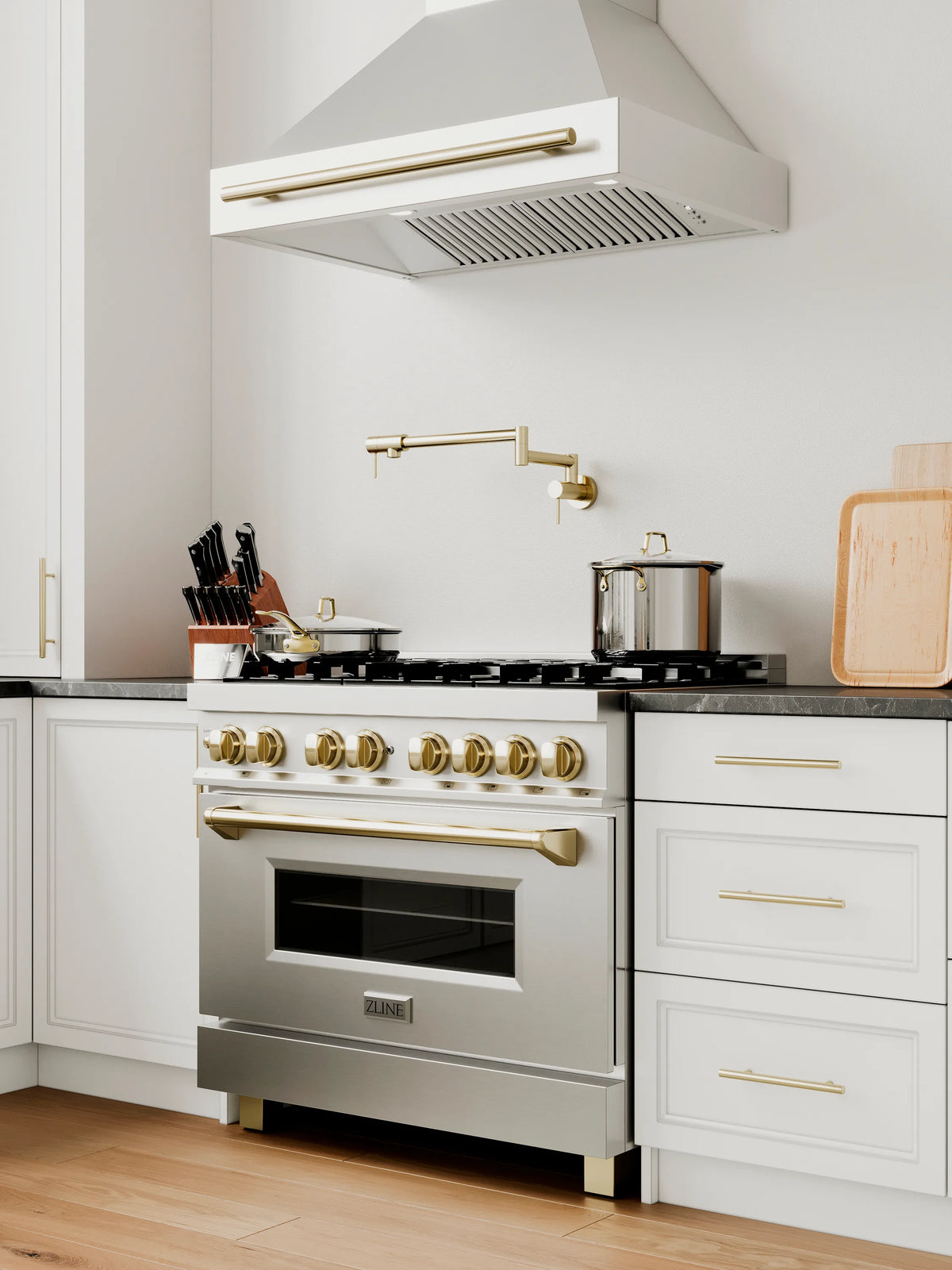 ZLINE Legacy Series Autograph Edition 36-inch Dual Fuel Range with Gas Stove and 4.6 Cu. Ft. Electric Oven in Stainless Steel with Champagne Bronze Accents in a kitchen