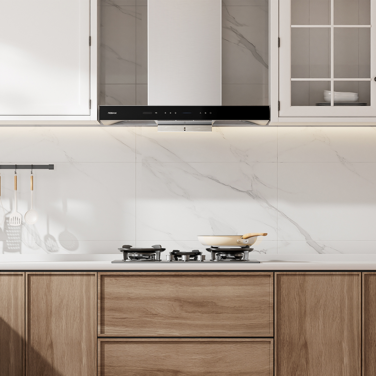 Stainless steel range hood with black control panel and vent filter grille