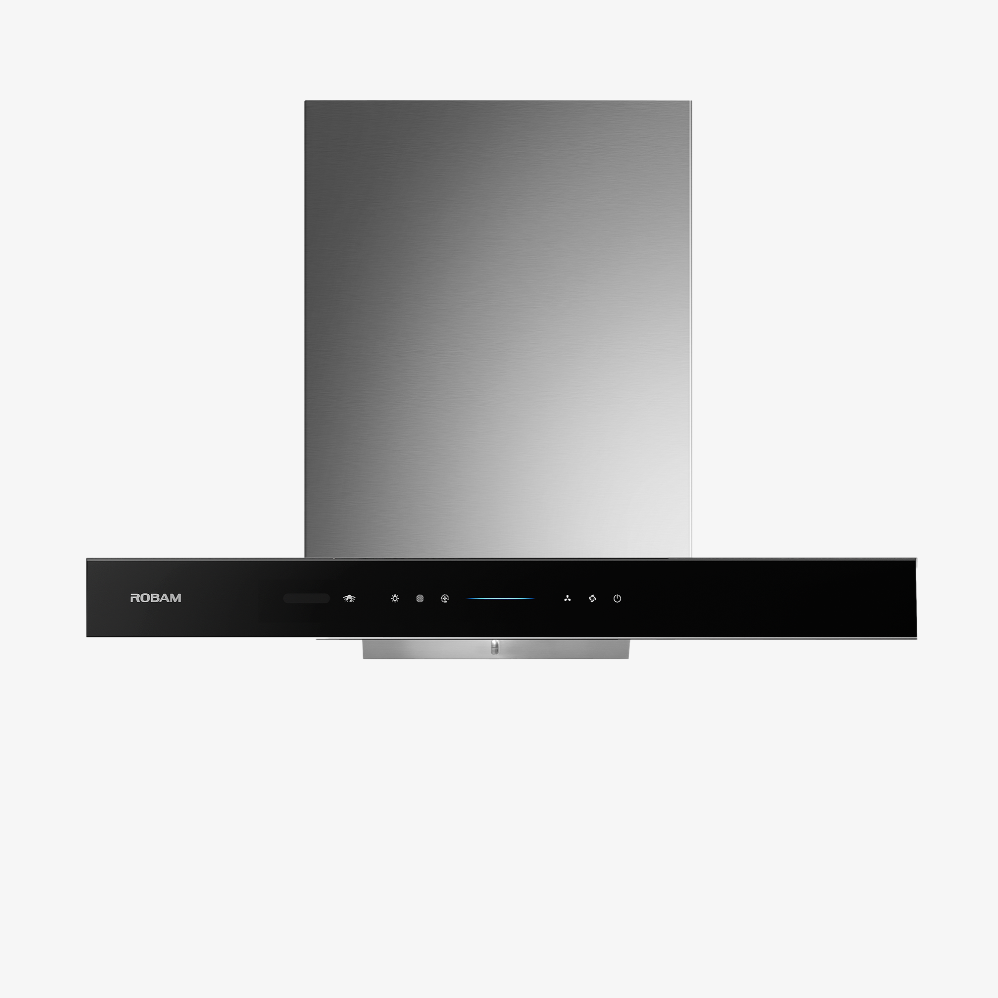 Stainless steel range hood with black control panel and blue accent light