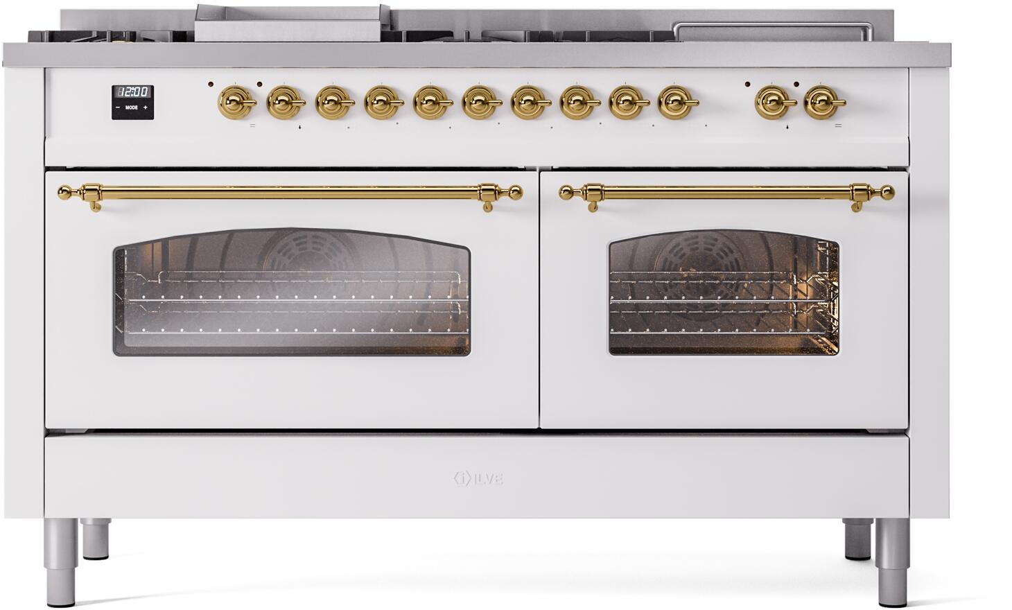 White dual-fuel range with brass knobs and two glass oven doors