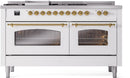 ILVE Nostalgie II 60-Inch Propane Gas Dual Fuel Range with 7 Burners, Griddle, & French Top with Triple Glass Door Oven in White with Brass Trim (UP60FSNMPWHGLP)