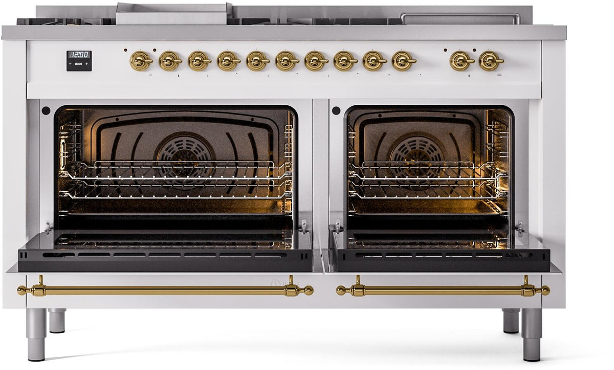White dual fuel gas range with French top, two open ovens, brass trim and handles