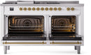 ILVE Nostalgie II 60-Inch Natural Gas Dual Fuel Range with 7 Burners, Griddle, & French Top with Triple Glass Door Oven in White with Brass Trim (UP60FSNMPWHG)