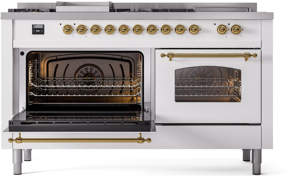 White dual-fuel range with brass knobs and open oven door