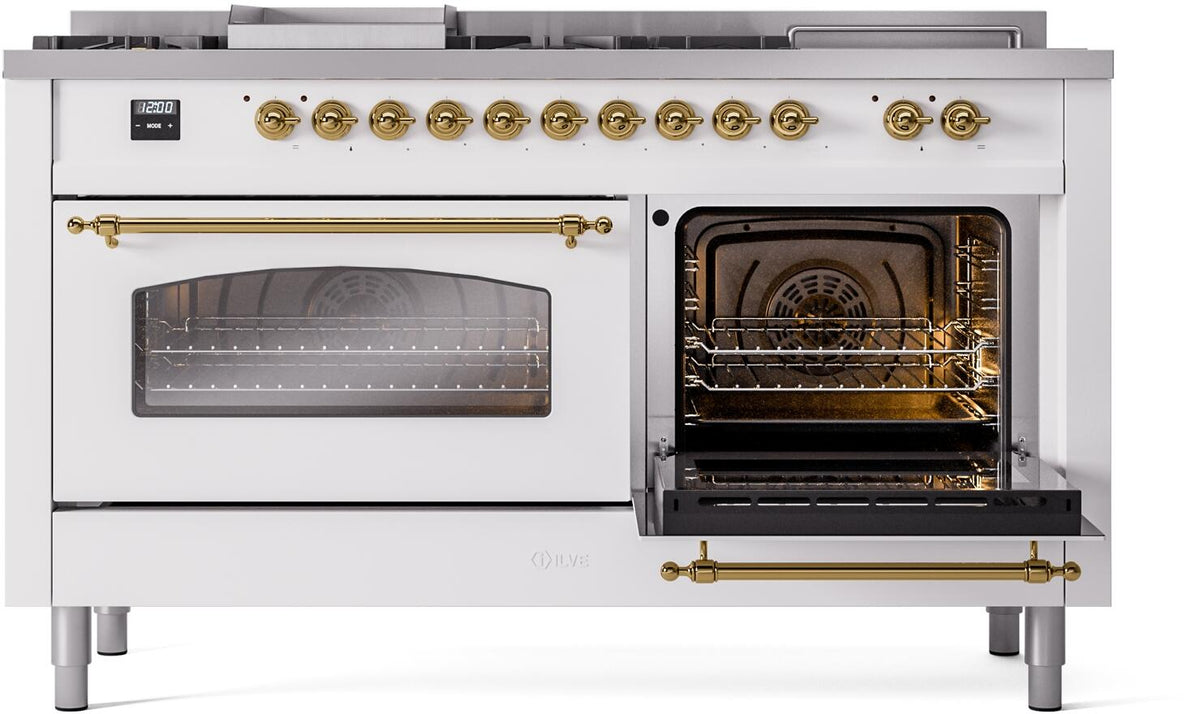 White dual-fuel range with brass knobs and open oven door