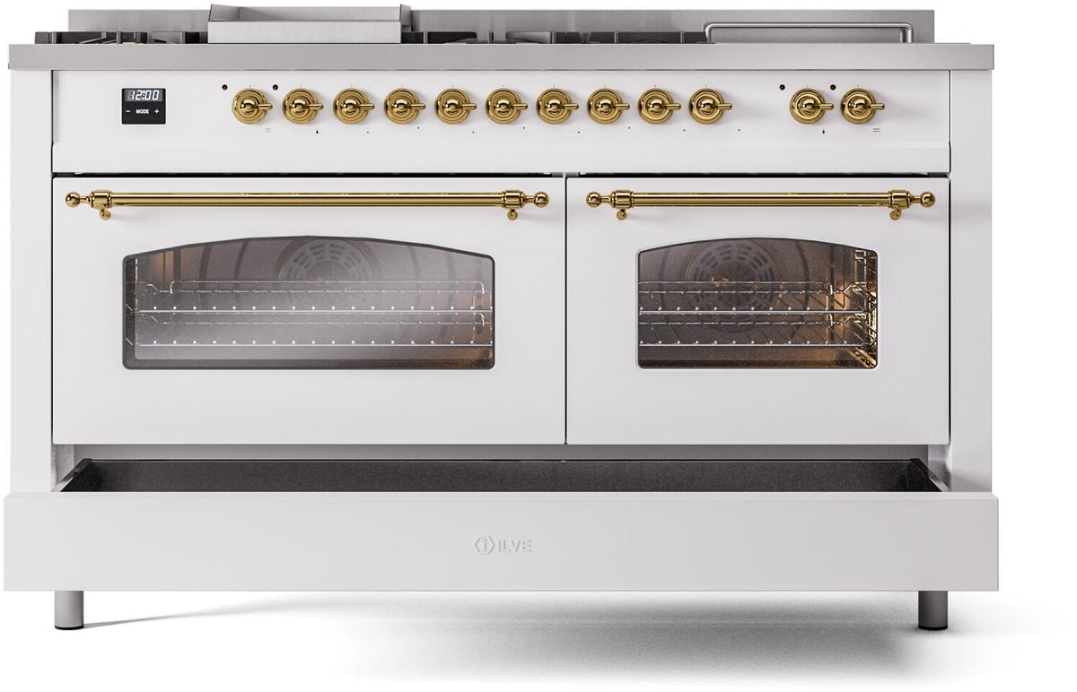 White dual-fuel range with brass trim, two glass oven doors