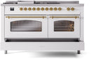 ILVE Nostalgie II 60-Inch Natural Gas Dual Fuel Range with 7 Burners, Griddle, & French Top with Triple Glass Door Oven in White with Brass Trim (UP60FSNMPWHG)