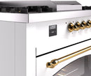 ILVE Nostalgie II 60-Inch Propane Gas Dual Fuel Range with 7 Burners, Griddle, & French Top with Triple Glass Door Oven in White with Brass Trim (UP60FSNMPWHGLP)