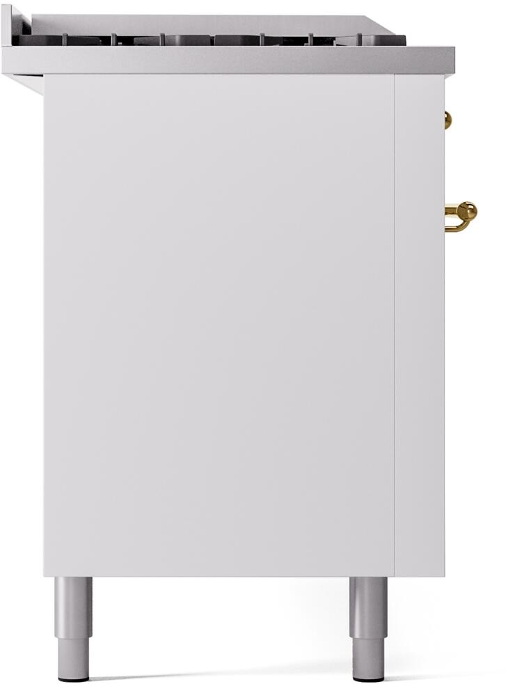 White oven range side panel with legs and small brass handle, back/side view.