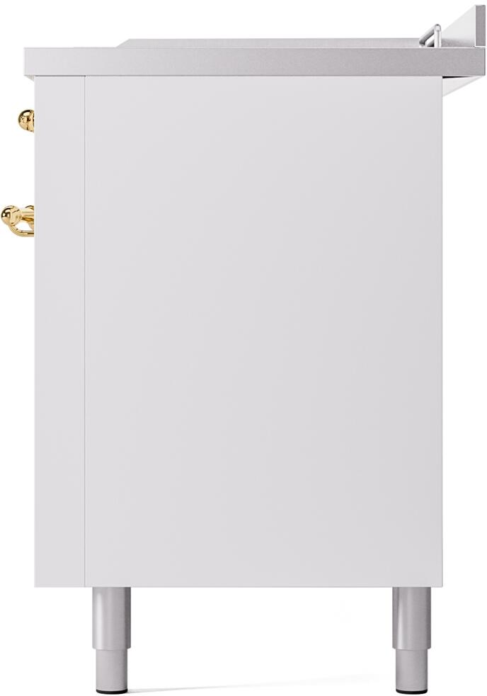 White dual fuel range cabinet with brass-trim side panel and two front legs