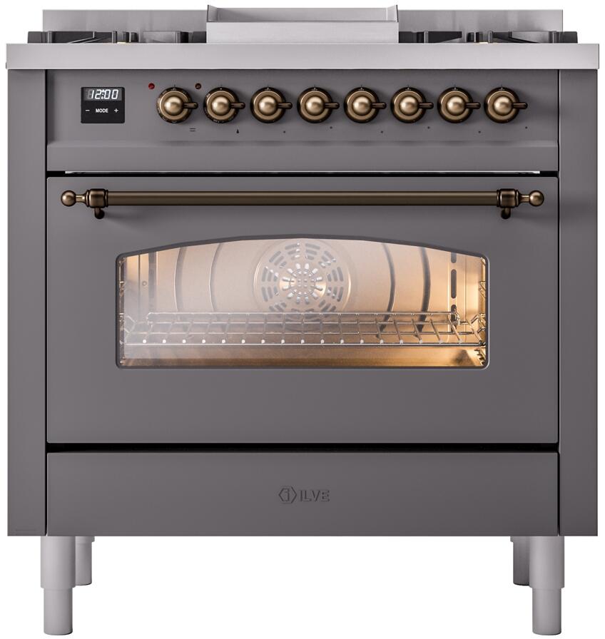 Freestanding dual fuel range, matte graphite with bronze control knobs and oven window