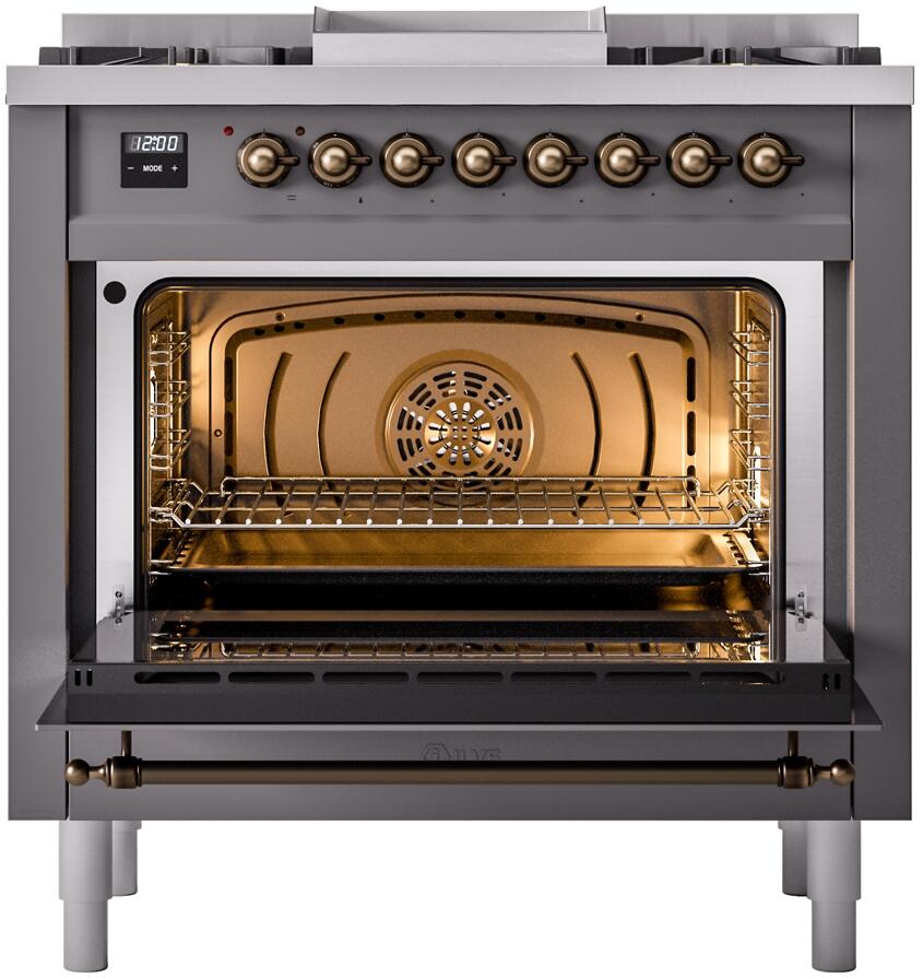 Freestanding dual fuel range with open oven door, bronze burner knobs and lit oven interior