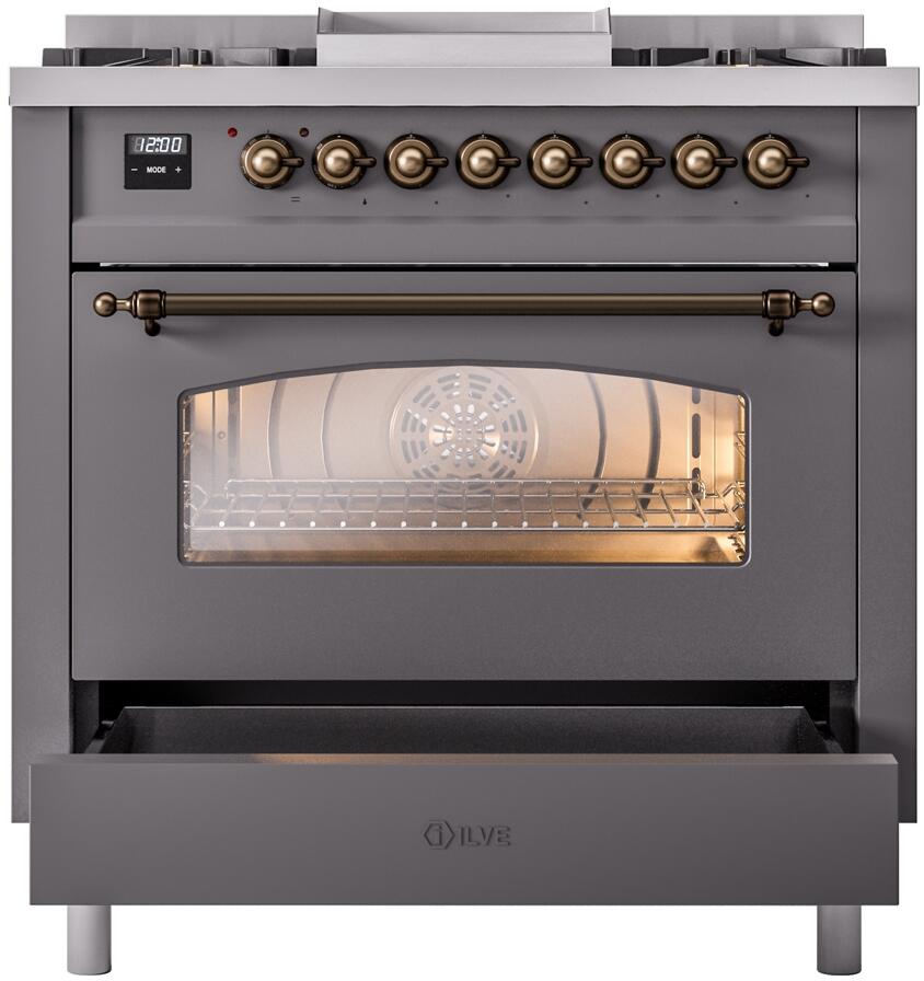 Freestanding dual fuel range, matte graphite body with bronze handle and viewing window