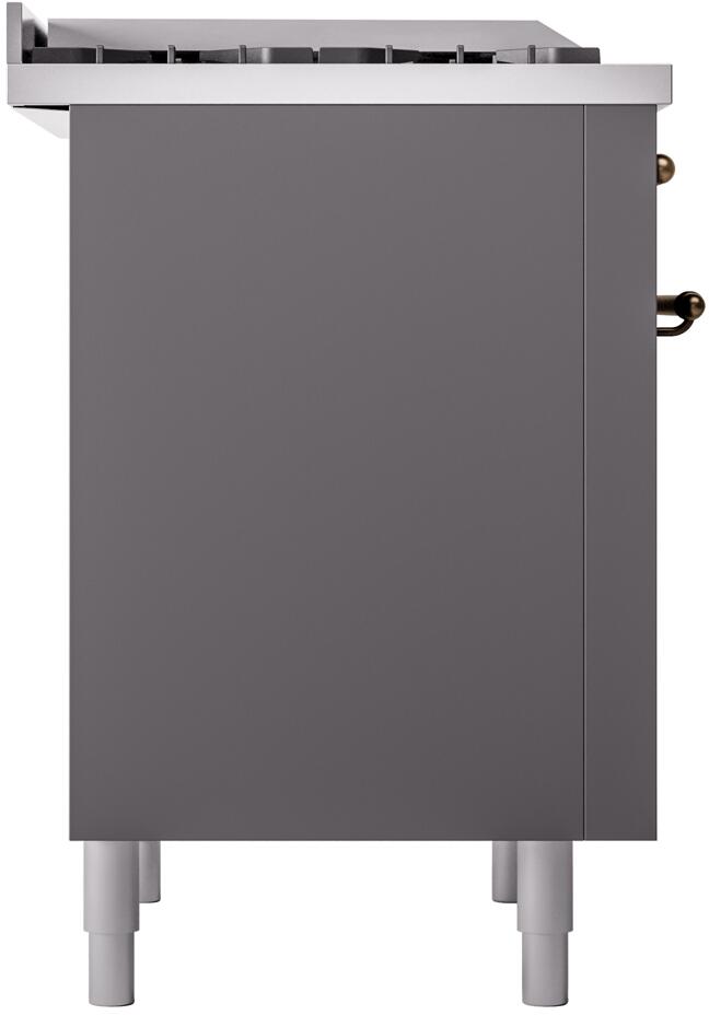 Freestanding range side panel in matte graphite with raised vent top and white feet