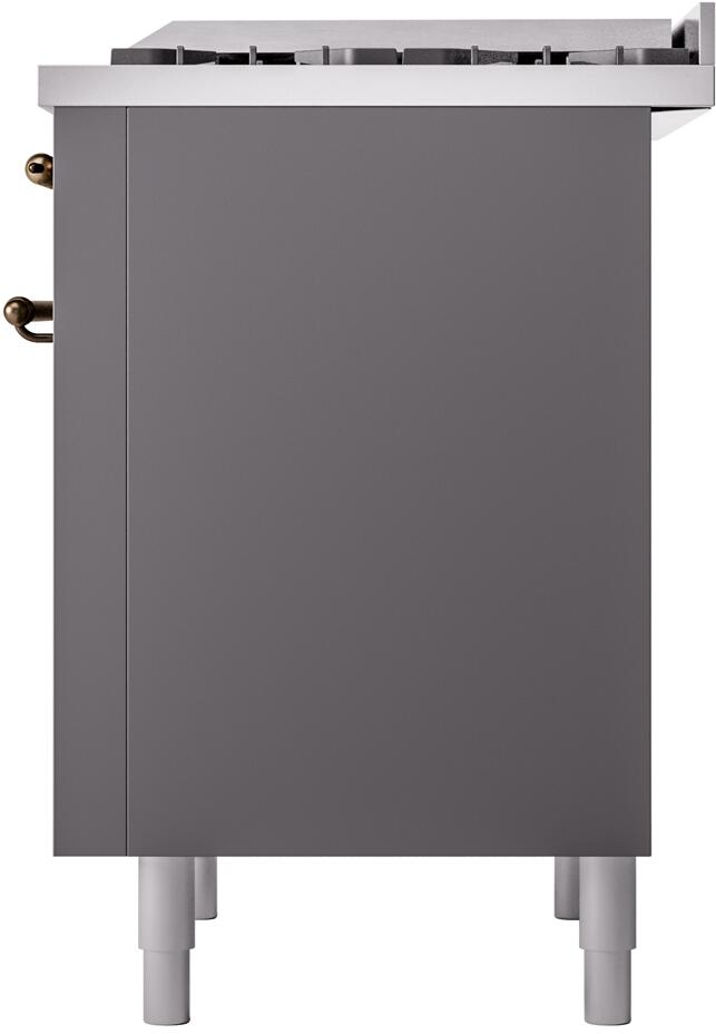 Freestanding range back panel in matte graphite with side hardware and white feet