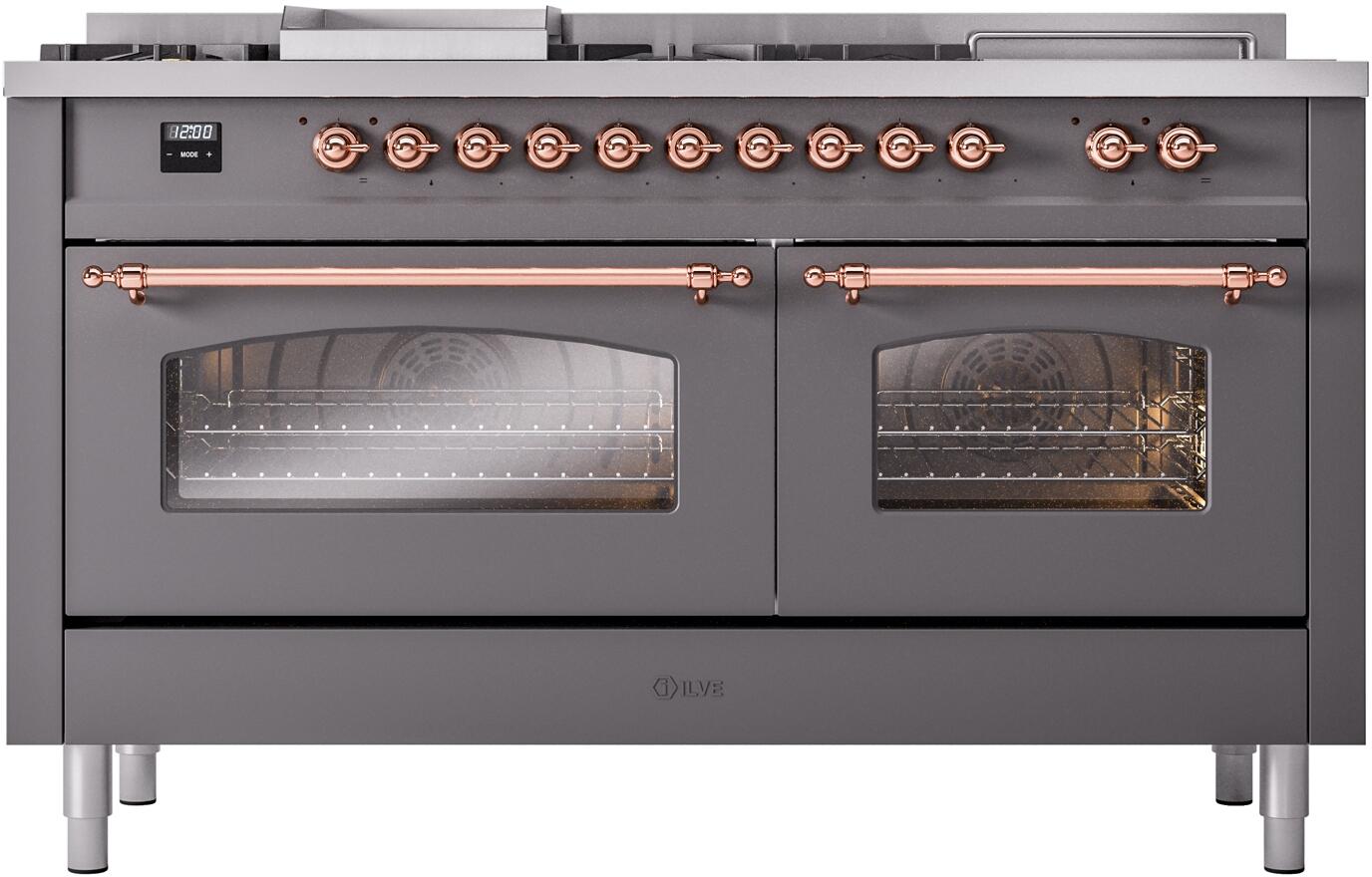 Matte graphite dual fuel range with copper-trimmed control knobs and two glass oven doors