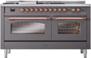 ILVE Nostalgie II 60-Inch Natural Gas Dual Fuel Range with 7 Burners, Griddle, & French Top with Triple Glass Door Oven in Matte Graphite with Copper Trim (UP60FSNMPMGP)