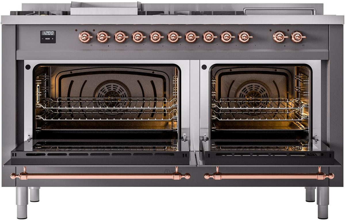 Matte graphite dual fuel range with both oven doors open, copper door handles, racks inside