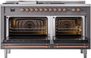ILVE Nostalgie II 60-Inch Natural Gas Dual Fuel Range with 7 Burners, Griddle, & French Top with Triple Glass Door Oven in Matte Graphite with Copper Trim (UP60FSNMPMGP)