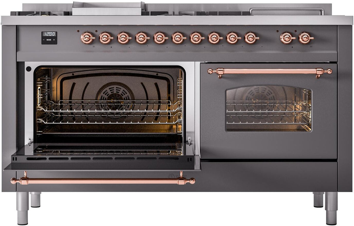 Matte graphite dual fuel range with left oven door open and right oven door closed, copper trim